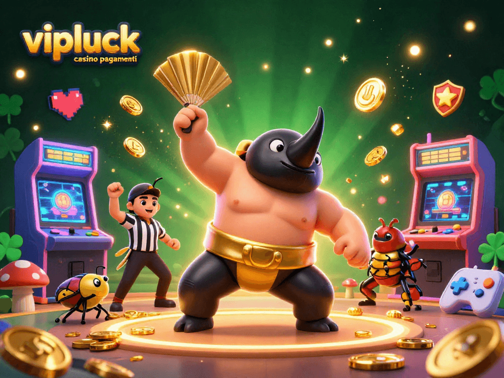 Immagine promozionale di vipluck casino pagamenti con un potente campione in azione e monete dorate volanti.