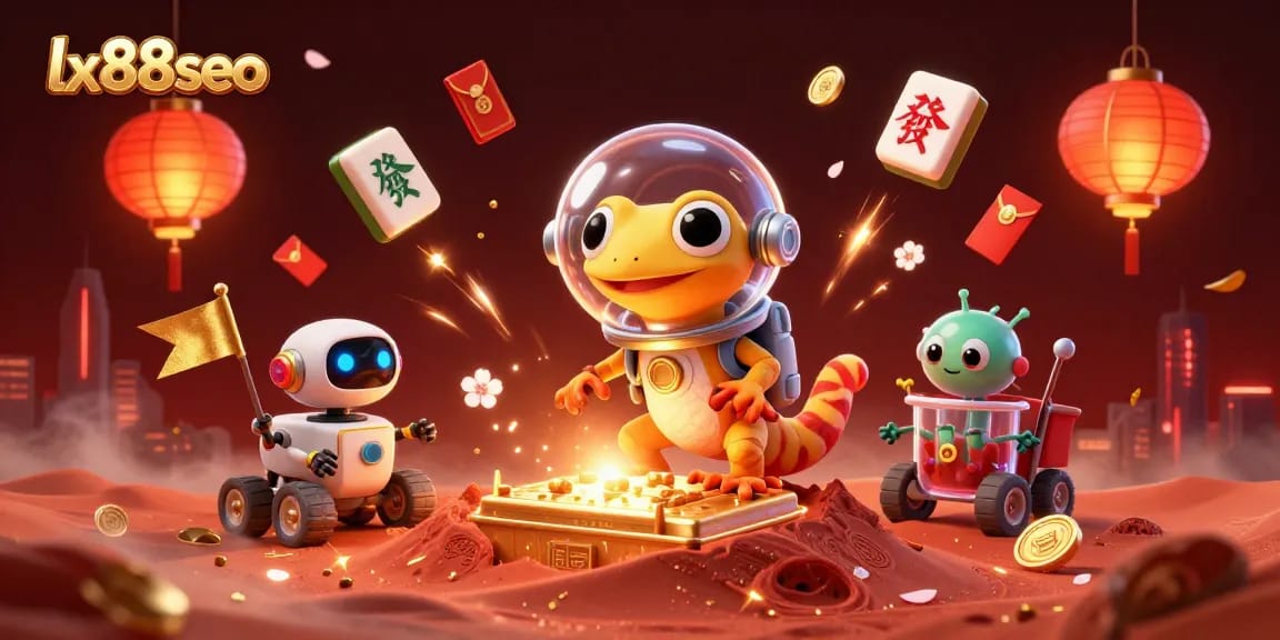 Experience lx88seo's thrilling casino adventure with a Martian gecko uncovering treasures and cheering aliens.