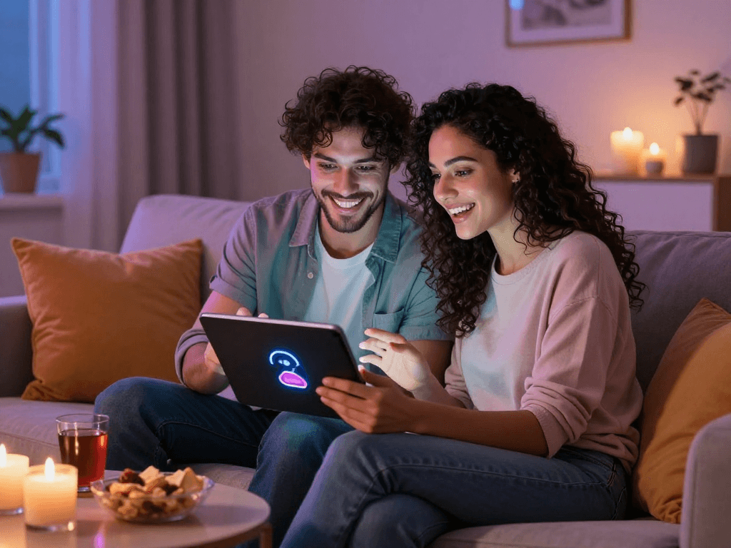Engaging in a sex AI chat in an intimate, cozy living room, with soft lighting and snacks.