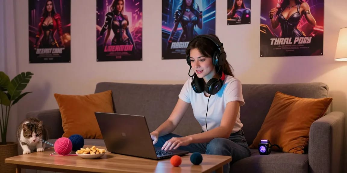 Female porn game enthusiast gaming comfortably at home with vibrant decor and snacks.