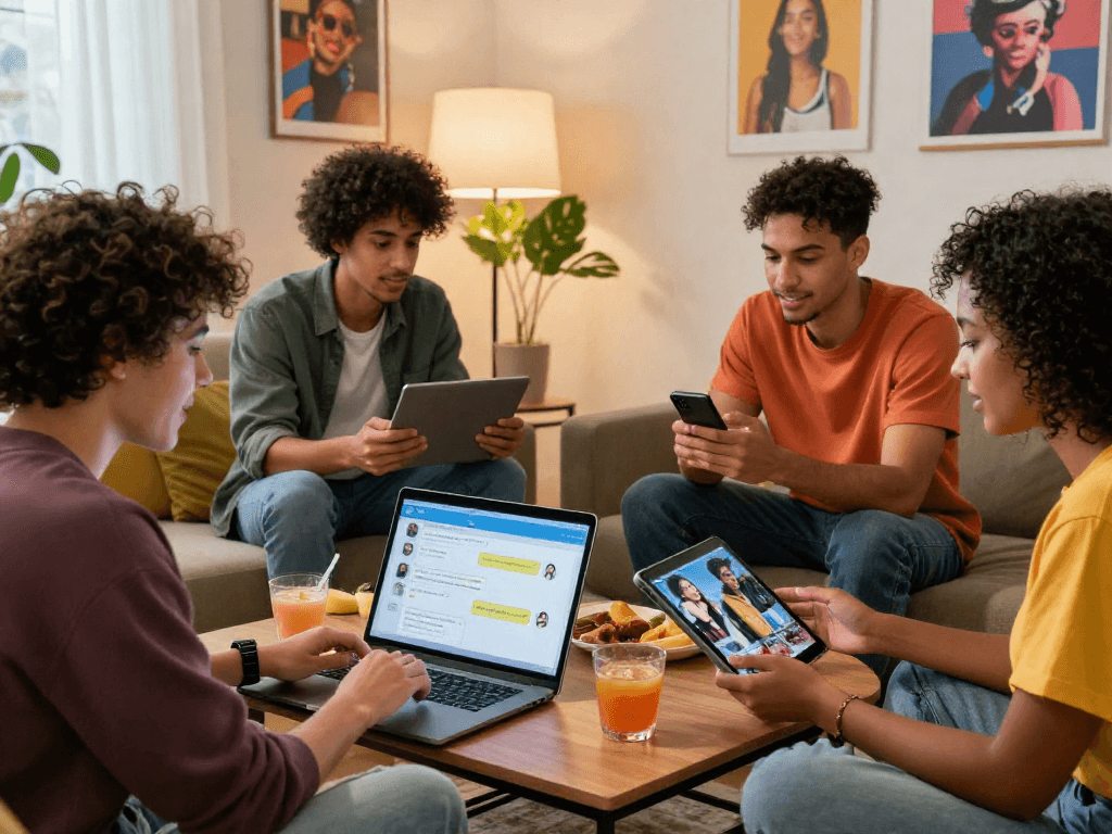Friends enjoying spicychat on devices in a cozy, colorful setting