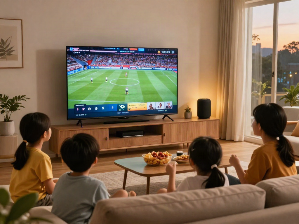 Family enjoying IPTV in a vibrant living room with a large TV, showcasing iptv italia.
