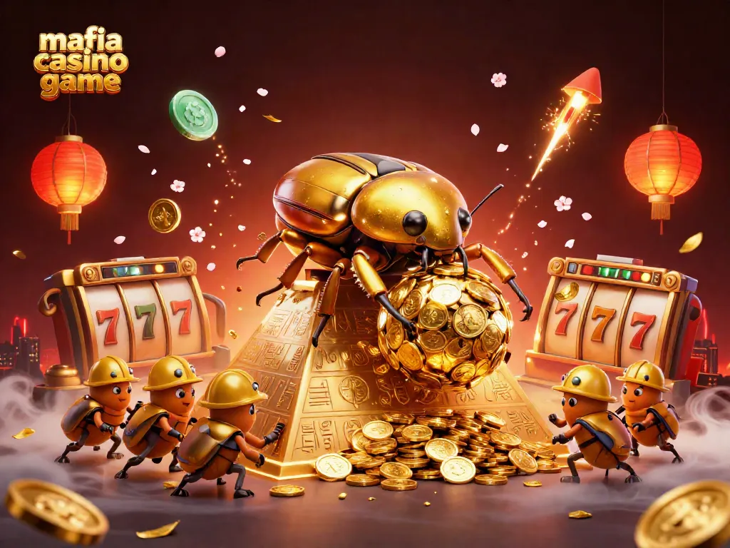 Mafia casino game showcasing a golden dung beetle rolling coins amidst vibrant casino elements.