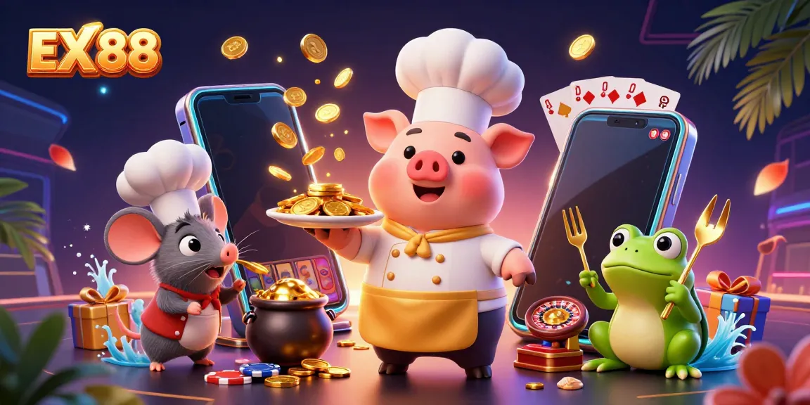 Experience the thrill of gaming with EX 88 in a vibrant casino scene featuring unique characters and exciting elements.