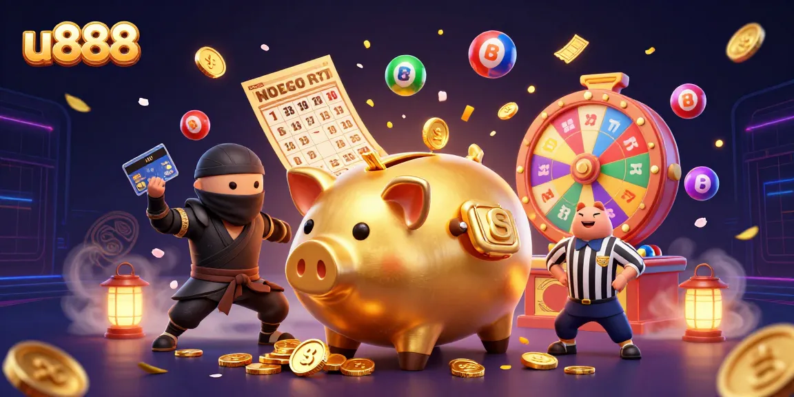 Join the action at u888 with a dynamic scene showcasing a golden piggy bank sumo wrestler surrounded by vibrant gaming elements.