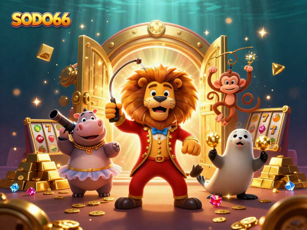 SODO66 delivers thrilling slot action with vivid 3D circus characters surrounding shimmering treasures.