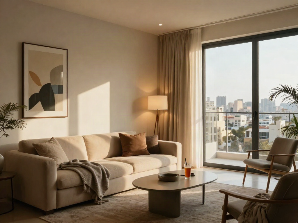 Elegant living room showcasing דירות דיסקרטיות בחיפה, featuring plush decor and inviting ambiance.
