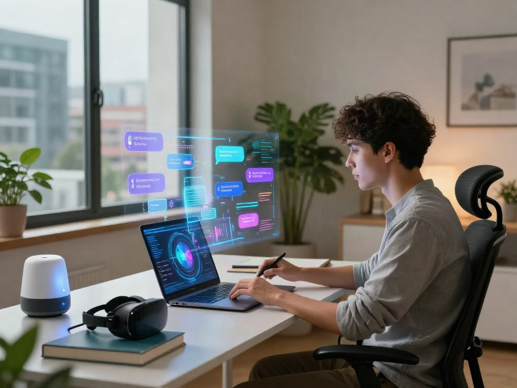 Engaged user exploring ai nsfw chat with futuristic AI in modern home office
