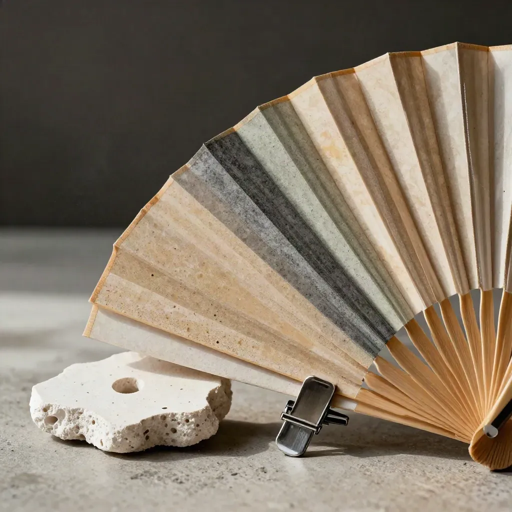 Campioni materiali tecnici, clip in alluminio e schiuma maquette su cemento, luce morbida.