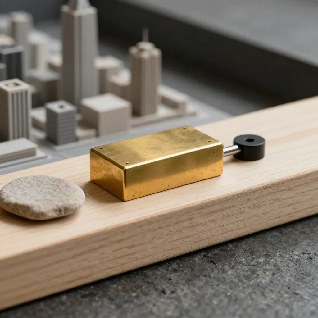 Macro di un solido in ottone su un modello urbano in legno chiaro, pietra levigata e distanziatore nero.