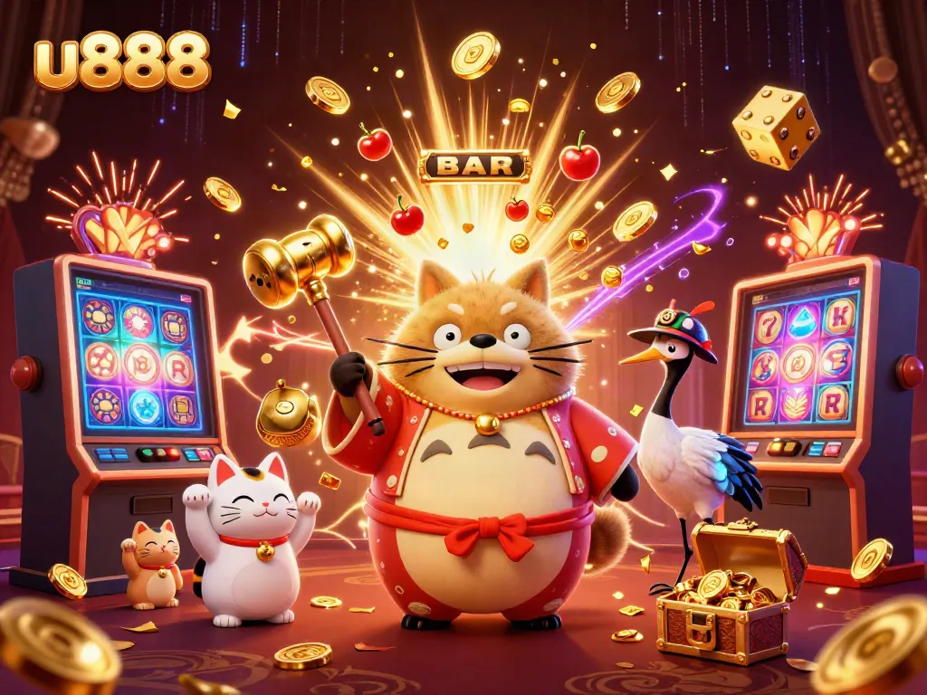 Experience the excitement of u888 with a cheerful tanuki and lucky symbols in a vibrant casino ambiance.