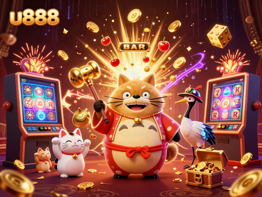 Experience the excitement of u888 with a cheerful tanuki and lucky symbols in a vibrant casino ambiance.