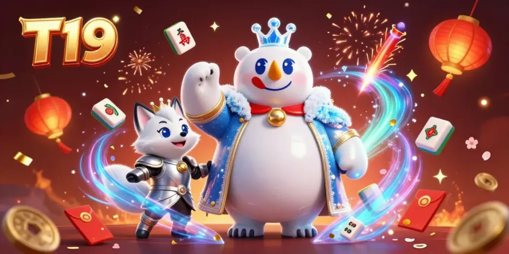 T19 casino illustration featuring an ice king polar bear and a fox surrounded by gaming riches and festive elements.