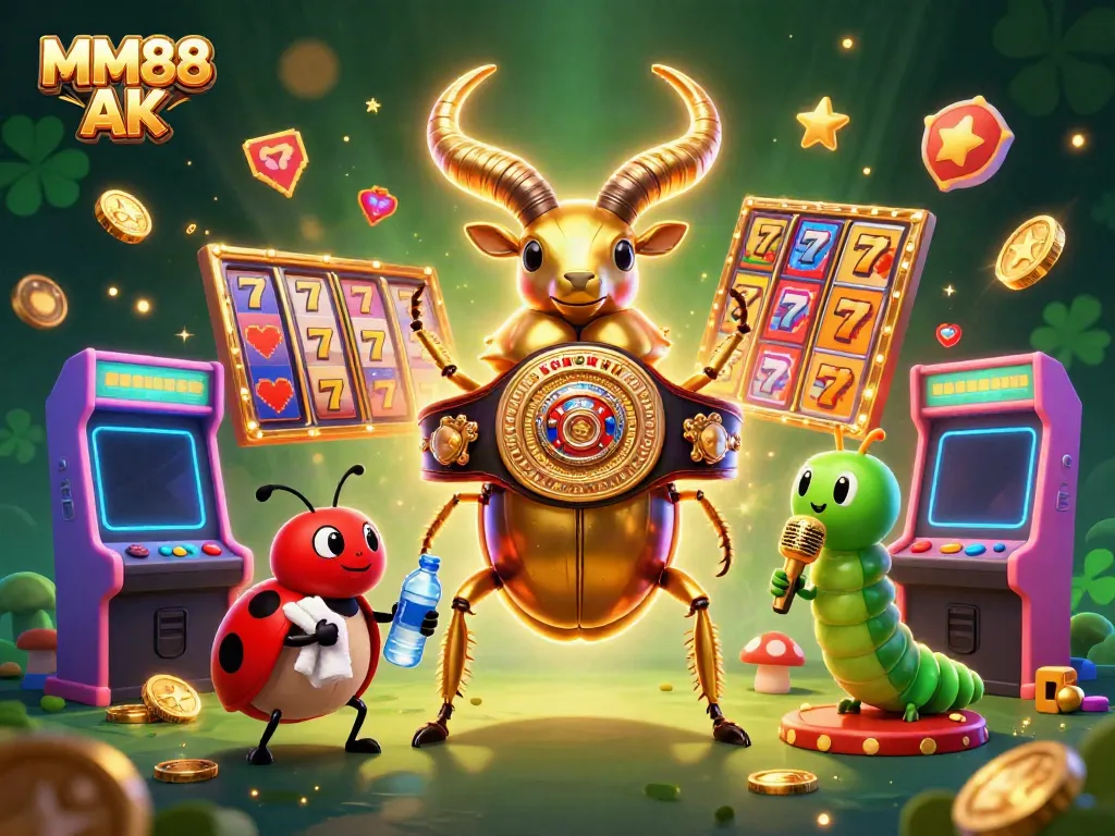 Experience the thrill of MM88 AK with dazzling slot reels and engaging characters in an exciting gaming setup.