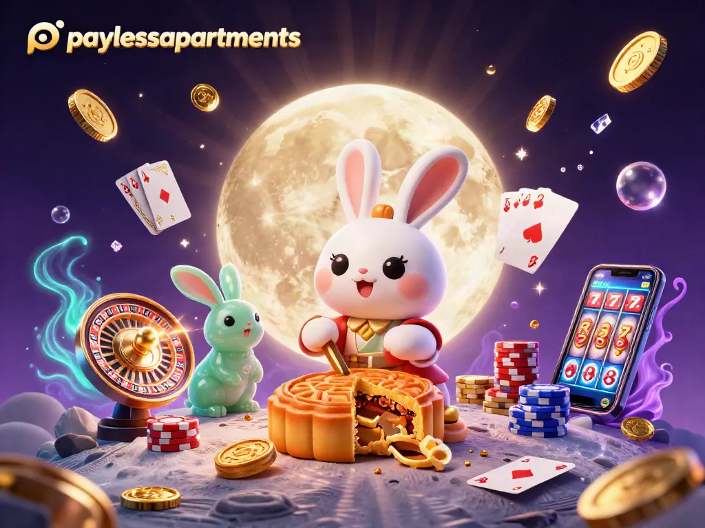 Engage with paylessapartments' 3D casino-themed animation featuring moon rabbits and rich gaming elements.