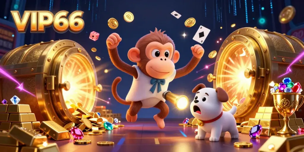 Experience the excitement of VIP66 casino with a mischievous monkey juggling golden coins and a curious puppy tracking it in a vibrant setting.
