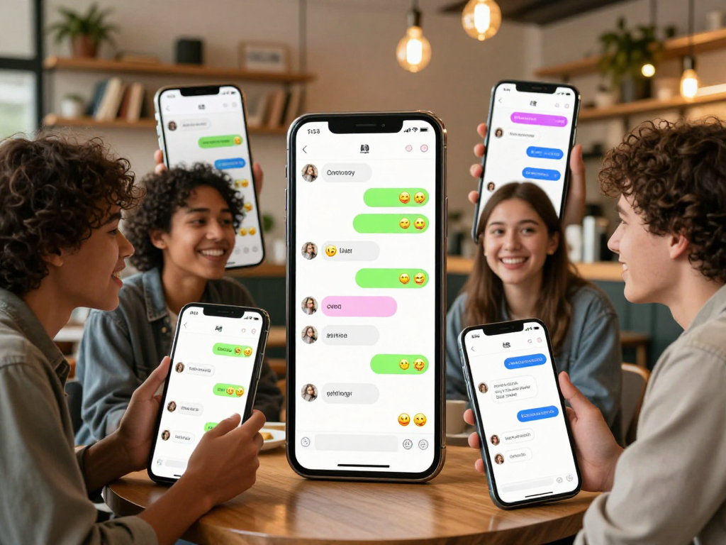 Engaging friends exchanging playful messages through a dirty chat ai app in a cozy coffee shop.