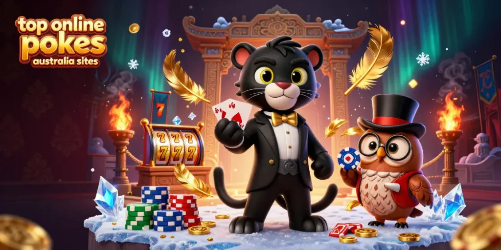 Engaging scene of top online pokies Australia sites with a stylish tuxedo panther, an owl, and a lucky mouse in a casino theme.