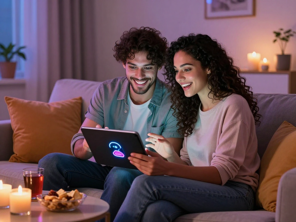 Engaging in a sex AI chat in an intimate, cozy living room, with soft lighting and snacks.
