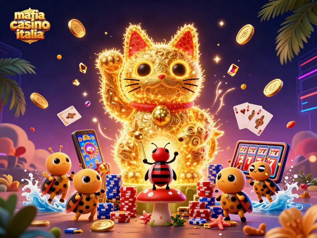Mafia Casino Italia: Celebrate with a lucky cat, colorful chips, and dynamic game elements.