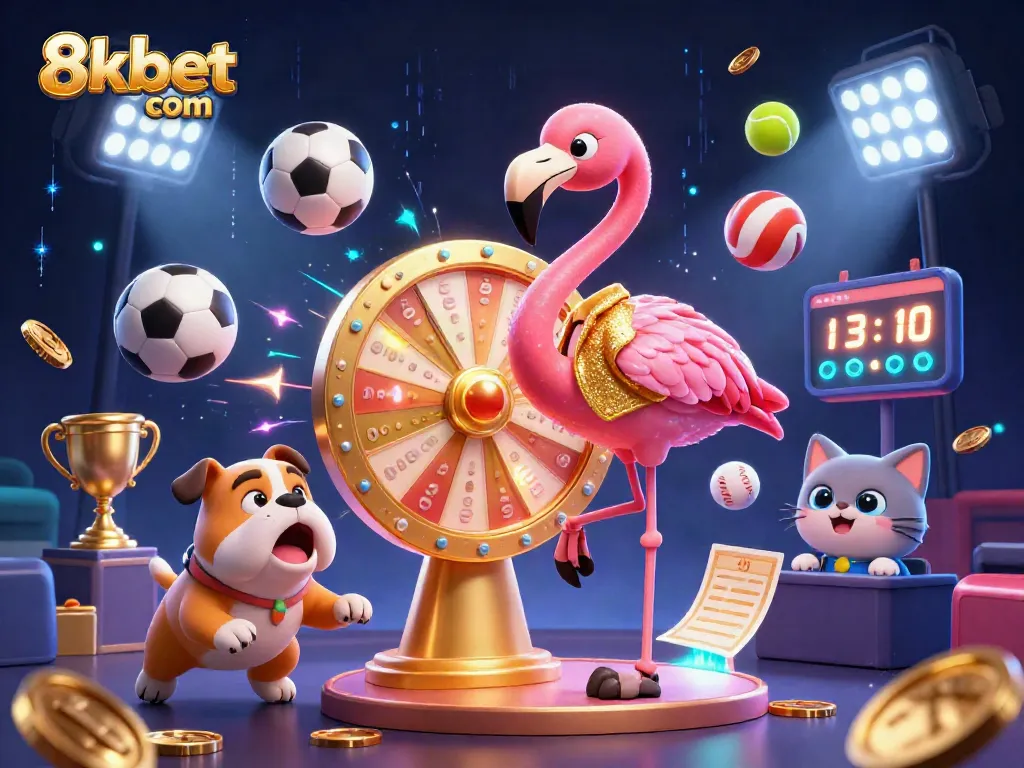 Spin to win big at 8xbet com with fun game show characters celebrating sports betting.