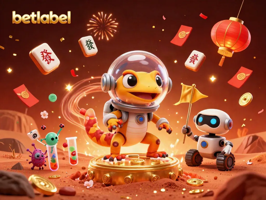 Betlabel Martian gecko celebrates at a golden casino surrounded by festive elements and fireworks.