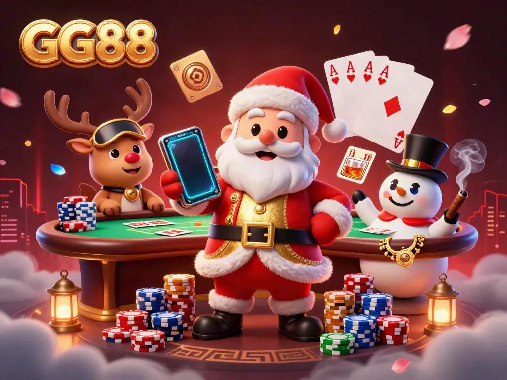 Experience festive excitement at GG88 with Santa and friends in a vibrant casino scene.