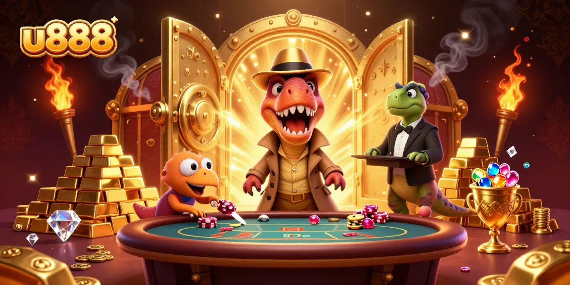 Engage with the exciting u888 gameplay featuring a 3D velociraptor card counter in a thrilling casino environment.