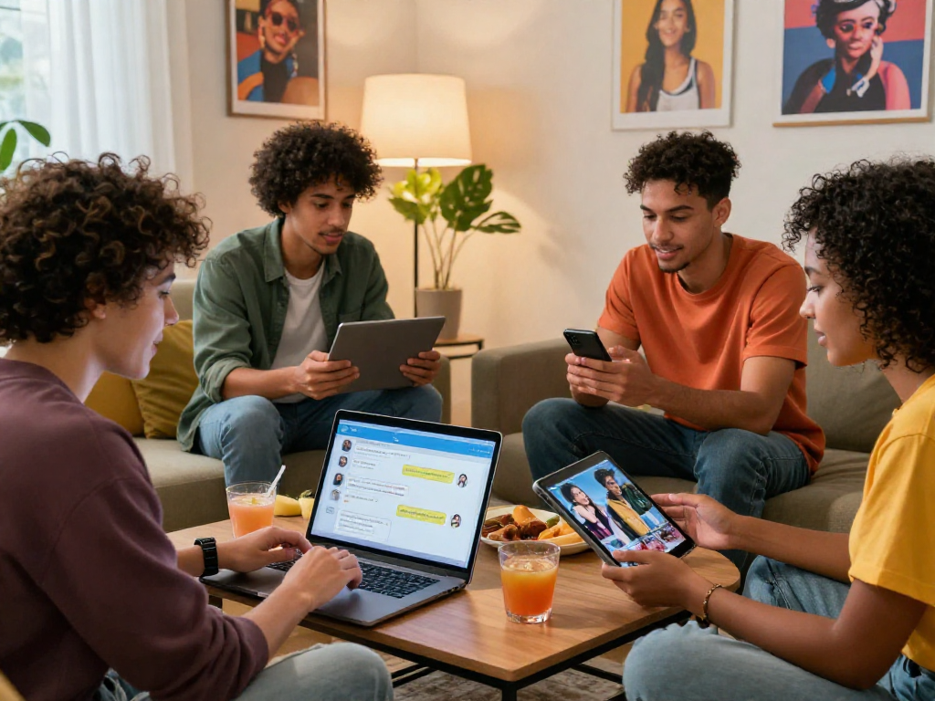 Friends enjoying spicychat on devices in a cozy, colorful setting