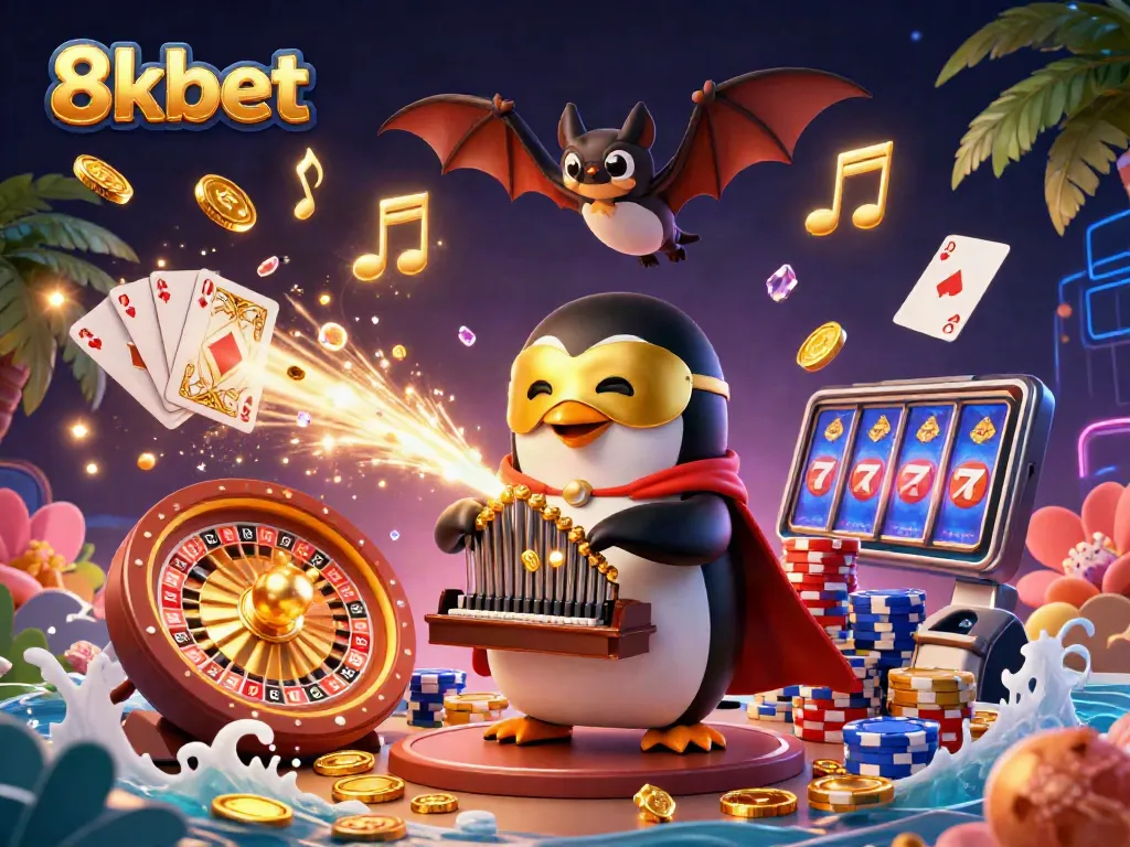 Experience the thrill of victory with 8xbet as golden coins cascade from the organ in a vibrant casino scene.